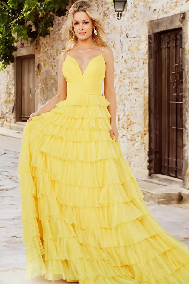 jovani Jovani 08480 Yellow Tulle Tiered Skirt Maxi Dress